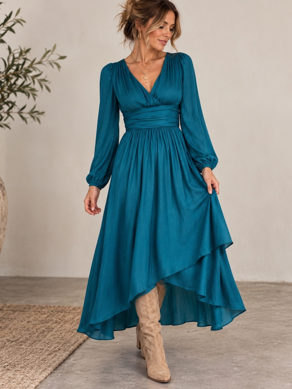 Anthropologie Teal Satin High Low Balloon Sleeve Dress